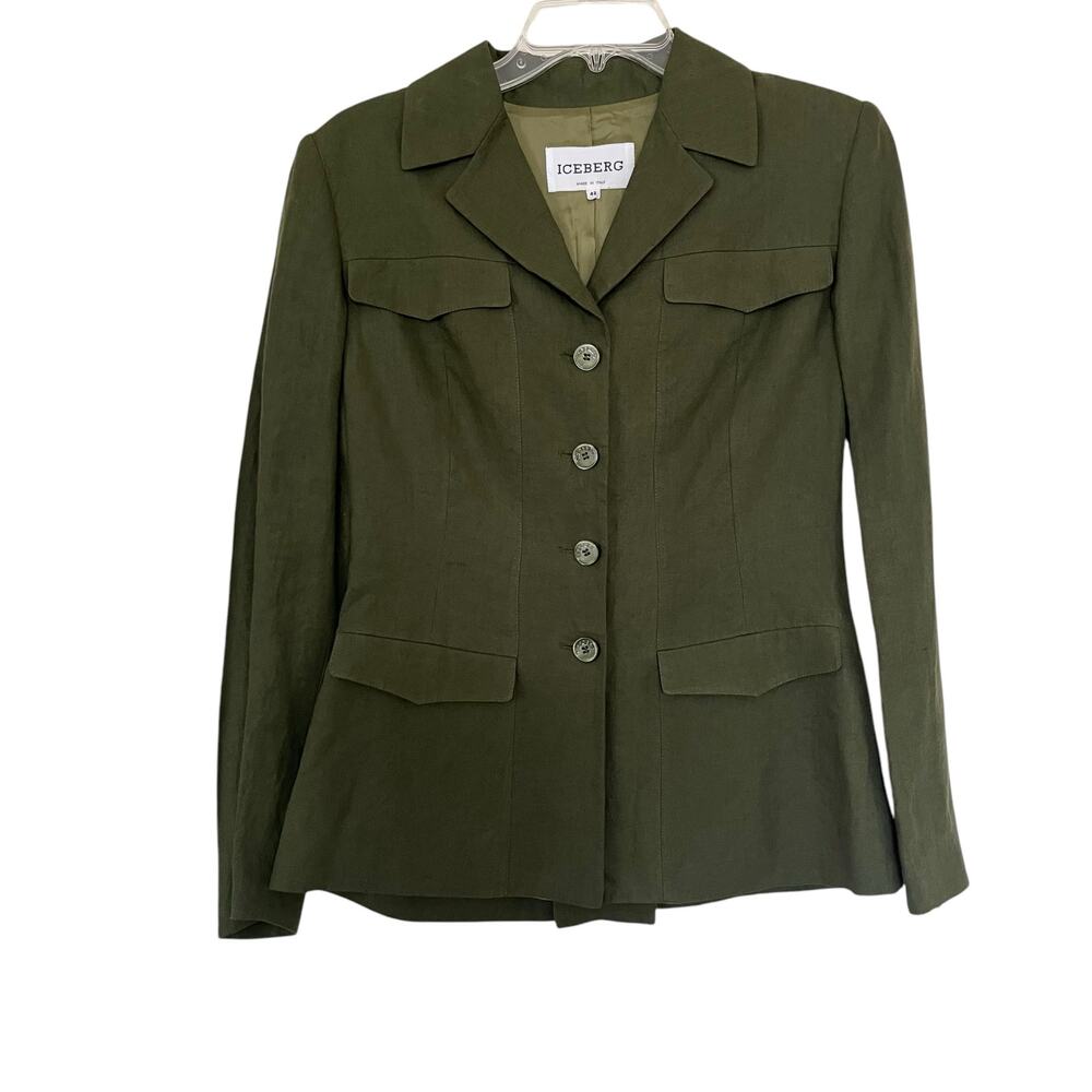 Iceberg Olive Army Green Linen Utilitarian Blazer Jacket Size 6 Minimalist